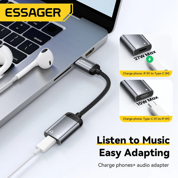 ខ្សែអាដាប់ទ័រអូឌីយ៉ូ Essager Type C សម្រាប់កាស Type-C ស្រីទៅ IP ប្រុស OTG អាដាប់ទ័រសម្រាប់ iPhone 17 16 15 14 Samsung Xiaomi iPad