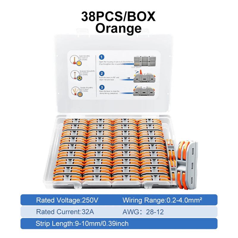 TOMZN YL222 Lever Wire Connectors 38PCS 2In 2Out Quick Splicing Terminal Blocks 32A 250V for 28-12AWG Universal Wire Joiner Kit