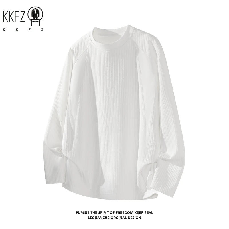 Men Crew Neck Vertical Rib Long Sleeve Base Tee Raglan Seam Soft Stretchy Fabric For Daily Layering Street Style Outfit