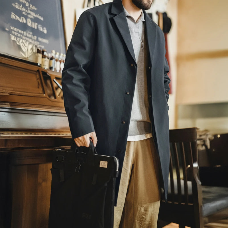 Maden Men's Vintage Commuter Trench Coat Mid-Length Water-Repellent Overcoat Blue Lapel Back Vent Windbreak for Spring Fall