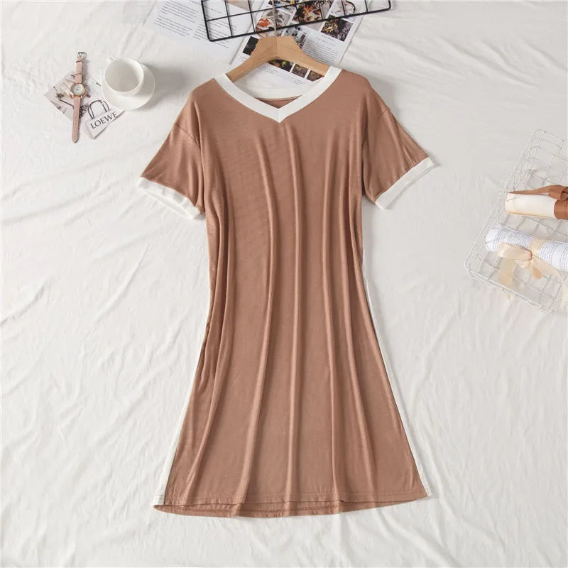 INS Short Sleeved Nightgowns For Women Summer Nightshirt Modal Knee Length Dress Loose V-Neck Casual Home Wear Nightdress