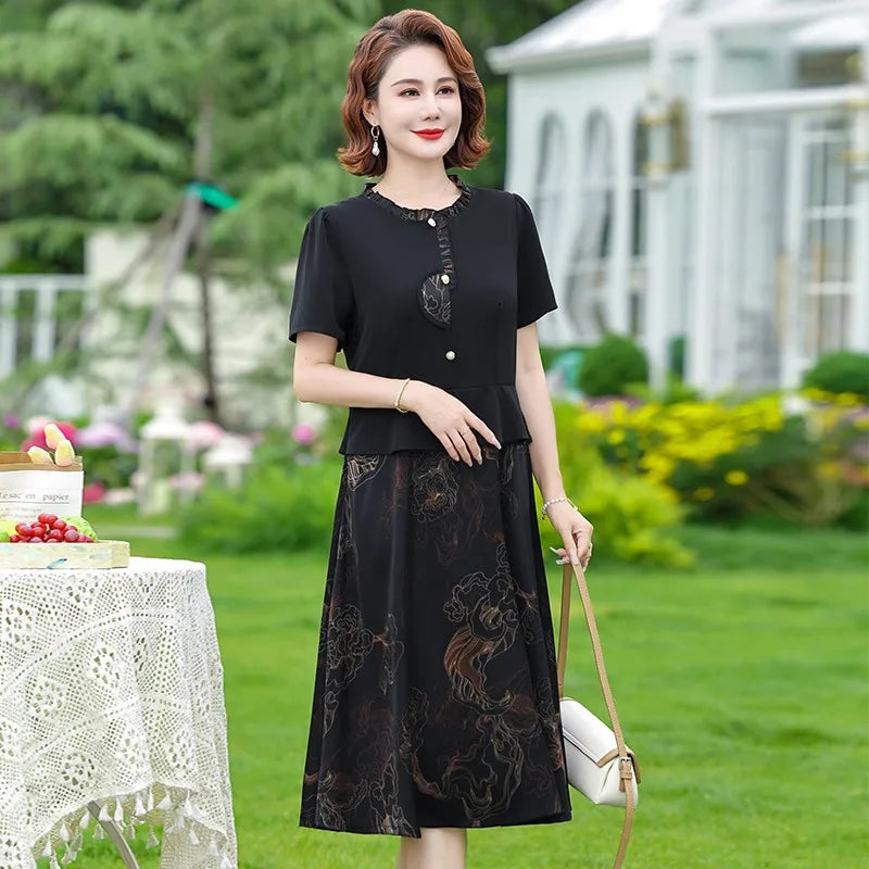 រ៉ូបពីរដុំក្លែងក្លាយ រ៉ូប Chiffon រ៉ូបនារីរដូវក្តៅ ម៉ូដស្លីម សូត្រ Satin ដេរដោយដៃខ្លី រ៉ូបម្តាយបោះពុម្ព A Line
