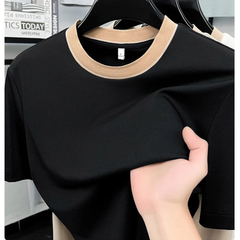 Men's 2026 Spring Summer Contrast Collar T-Shirt, Soft Cotton Blend, Round Neck Short Sleeve, Smart Casual Daily Wear