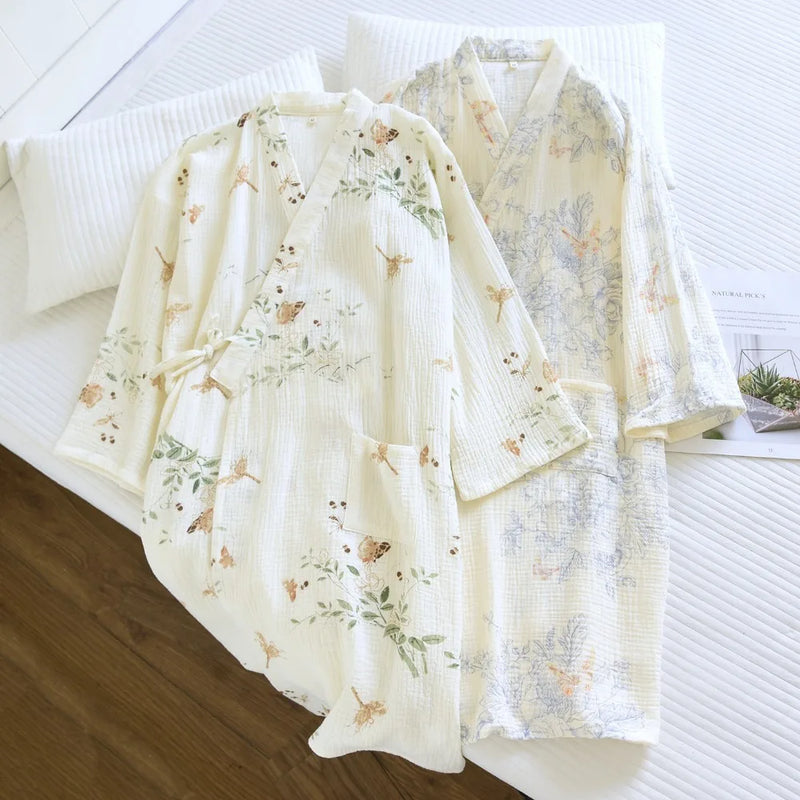 Kimono Robes Floral Dressing Gown Sleepwear Spring Autumn New 100% Cotton Long Sleeve Women's Bathrobe Nightie Pyjama Female