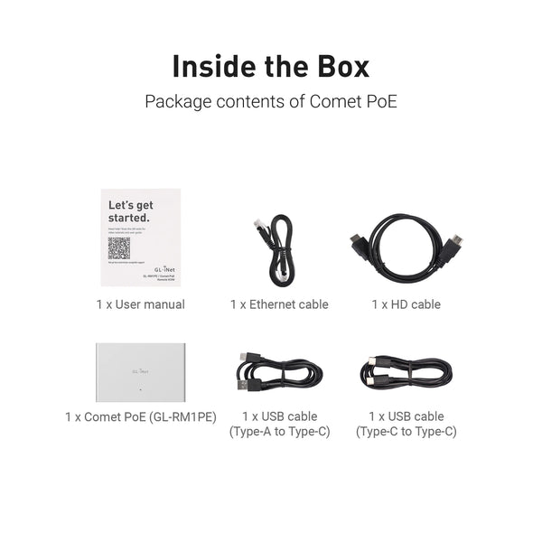 GL.iNet Comet PoE (GL-RM1PE) ឧបករណ៍បញ្ជាពីចម្ងាយសម្រាប់អ៊ីនធឺណិត KVM, ថាមពល PoE/Type-C, 4K@30Fps, 32GB EMMC, មាត្រដ្ឋានកាត់, ការគ្រប់គ្រងថាមពល, សម្រាប់កុងតាក់ KVM