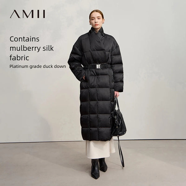 AMII Down Jackets Woman 2026 Winter New Warm Stand-up Collar Solid Color Down Jacket Casual Straight Women's Long Top 12544054