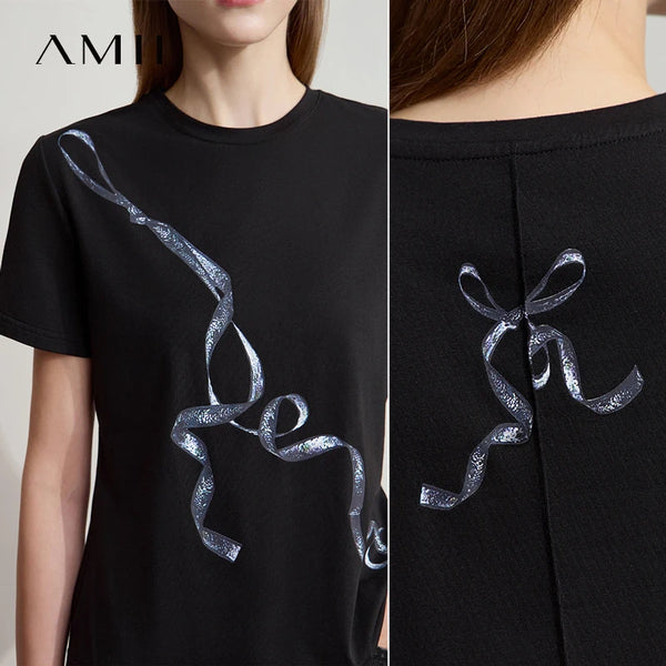 អាវយឺត Amii Minimalism Casual រដូវក្តៅឆ្នាំ ២០២៥ ថ្មីសម្រាប់នារី ក O ត្រង់ បោះពុម្ពត្រជាក់ ប្រឆាំងមេរោគ កប្បាសទឹកកក លាតសន្ធឹង អាវយឺត 12542084