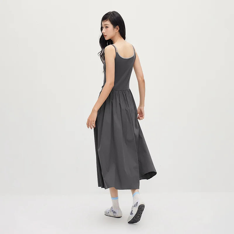 Women Dress Spliced Fake Two Piece Slim Fit Smart Casual Design Textured Maxi 2026 Summer Elegant Fashion Daily Wear Top