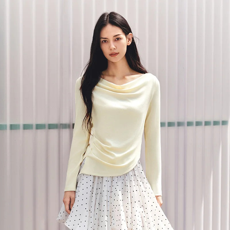 Semir Women Tshirt Long Sleeve Short Cowl Neck Ruched Irregular Slim Fashion Casual Autumn Top Street Wear 2026