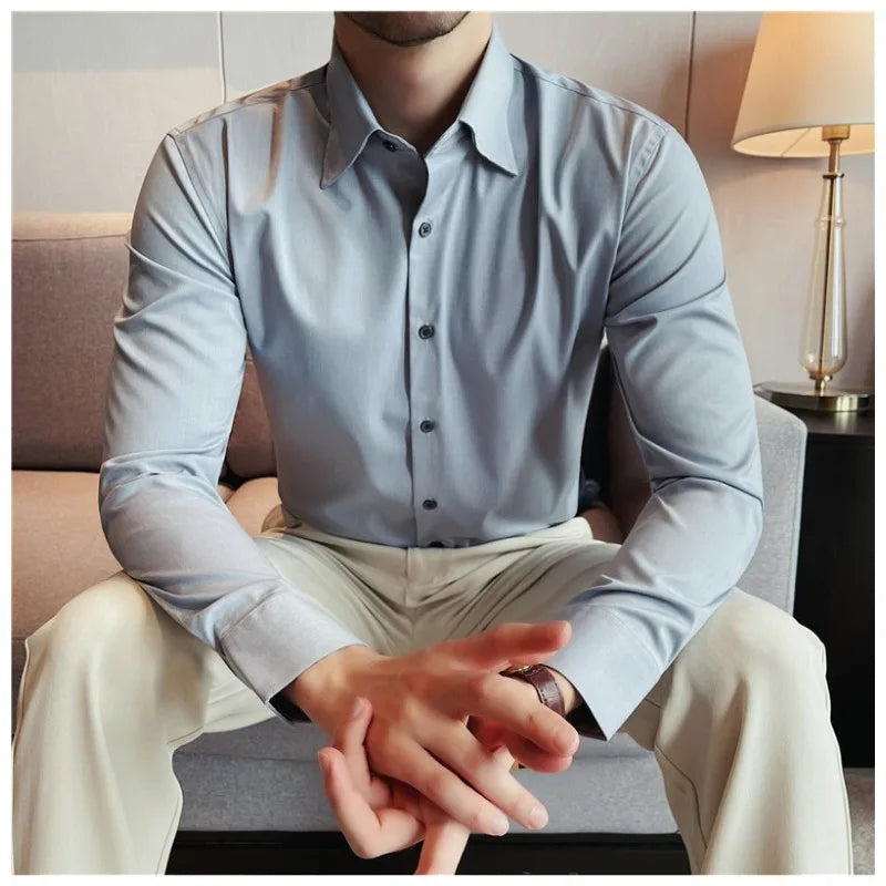 Men's Bamboo Fiber Hidden Placket Shirt Breathable Long Sleeve Button-Down for Business & Casual Wear