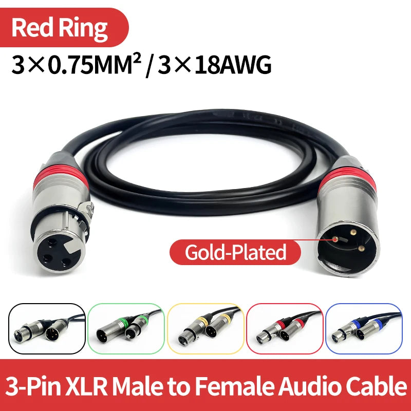 1M/2M/3M/5M/10M Gold-Plated 3-Pin XLR Male to Female Audio Cable - 3X0.75mm² (3X18AWG), Professional Use