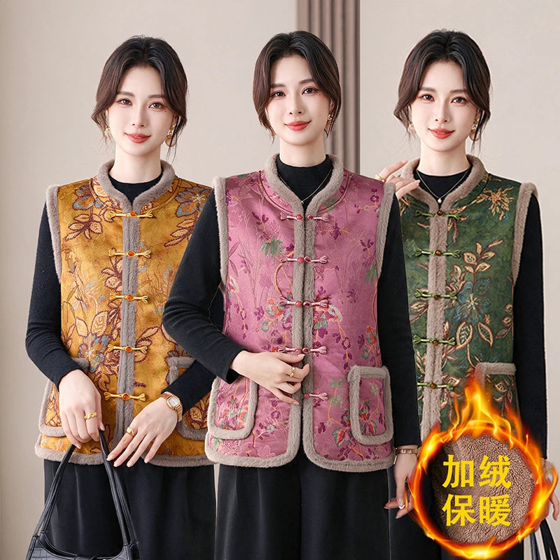 អាវកាក់បែបបុរាណរបស់ចិន អាវធំសម្រាប់ម៉ាក់ៗ រដូវស្លឹកឈើជ្រុះ និងរដូវរងា ប៊ូតុងធំ រចនាបថសរសៃ Polyester អាវកាក់ផ្កា