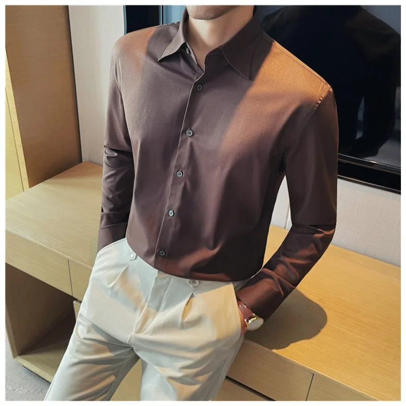 Men's Bamboo Fiber Hidden Placket Shirt Breathable Long Sleeve Button-Down for Business & Casual Wear