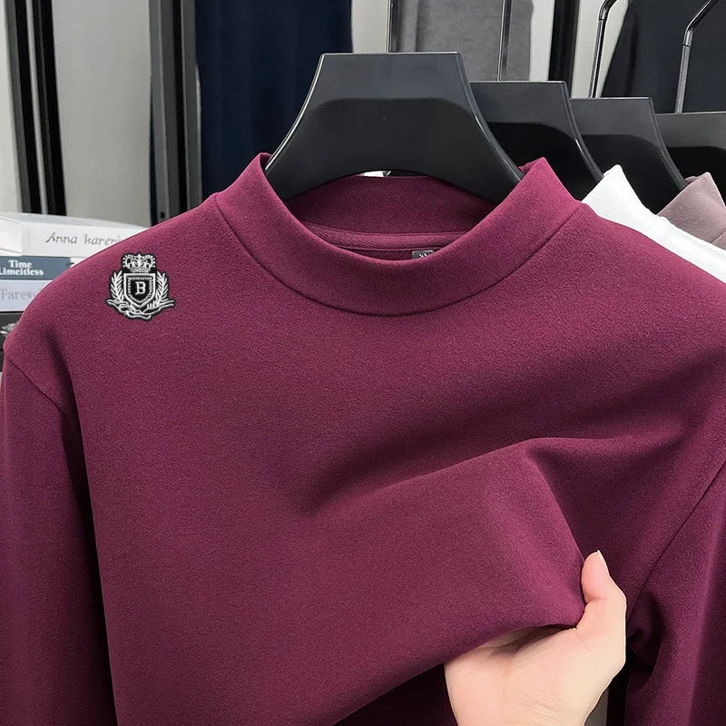 Luxury Man Long-Sleeved T-Shirt Mock Neck Letter Pattern Embroidery Dralon Fabric Autumn Winter New Tops Casual Men's Clothing
