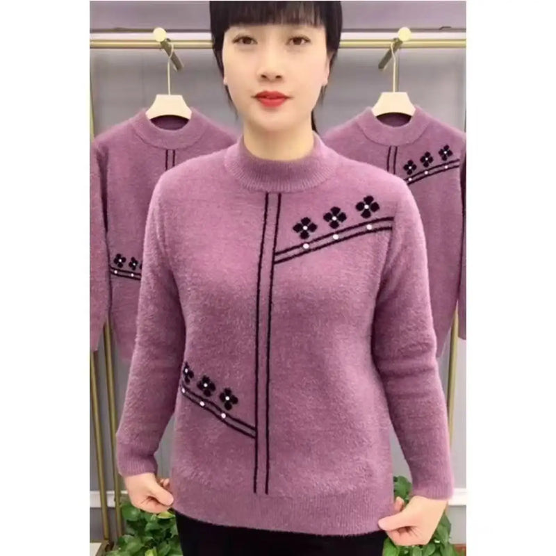 Winter Woman Clothes Half Turtleneck Thicken Pullover Top Warm Mink Fur Knitwear Female Clothing Bottom Wear Printed Sweater