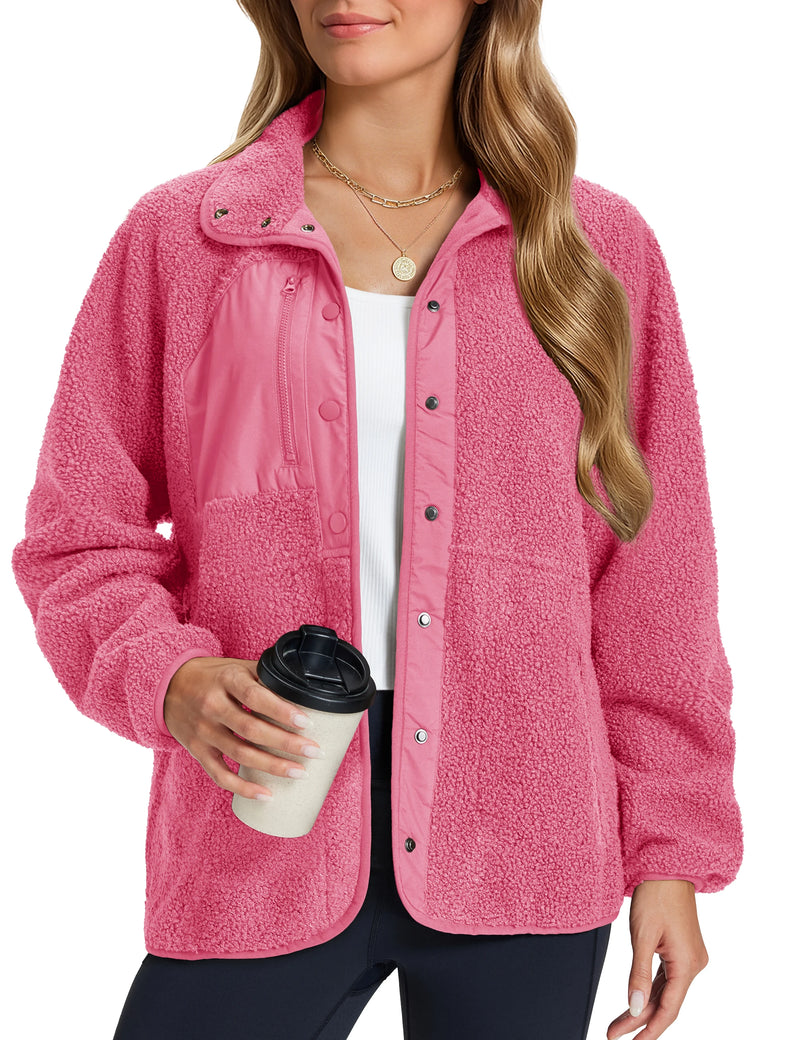 TACVASEN Women's Stand Collar Sherpa Fleece Jacket Winter Warm Lightweight Fuzzy Button Down Coat 3 Zipper Pockets Casual Jacket
