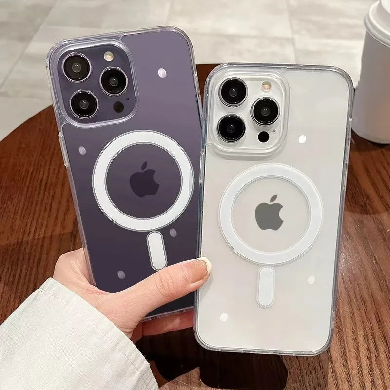 For Magesafe Magnetic Transparent Wireless Charge Case For iPhone 11 12 13 14 15 16 17 Air Pro Max Plus Mini Shockproof PC Cover