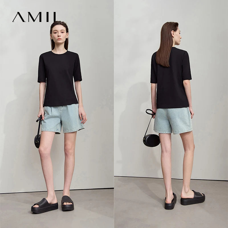 AMII Minimalist Cotton Black T-Shirt for Women 2025 Office Lady O Neck Plain Knit Tee Tops Female Clothes Summer Wear 12522172