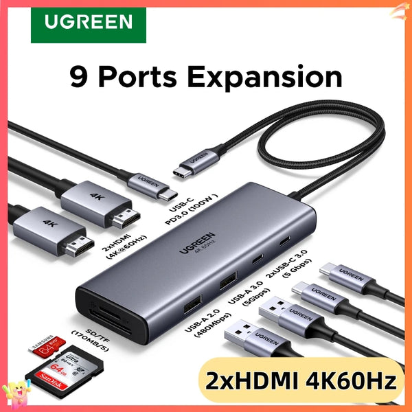 UGREEN USB C HUB 9-in-1 Dual HDMI 4K60Hz Display USB3.0 Type-C&USB-A Data Ports PD100W for Windows Laptop HP Dell Lenovo Samsung