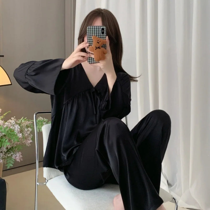 Thin Long Sleeve Pajamas V-neck Silk Pyjama Women's 2-piece Sets Spring Autumn Nightwear Female Sleep Elegant Sleepwear Pijama