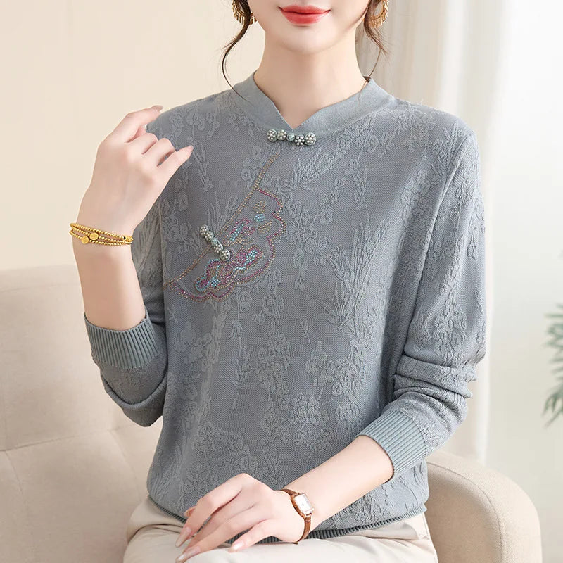 Vintage Printed Woman Clothing Knit Middle Aged Mother Pullover Tops Long Sleeve Autumn Winter Sweaters & Jumpers Pull Femme
