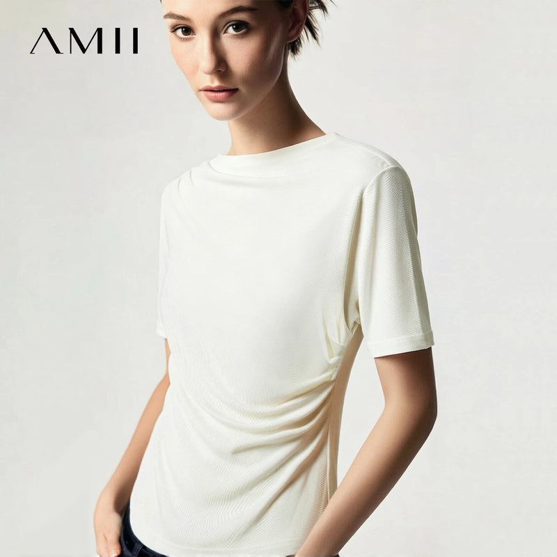 Amii Women's T-Shirt 2026 Summer New Boat Neck Acetate Asymmetric Pleated Stretch Top Fitted Waist Casual Short Tee 12652084