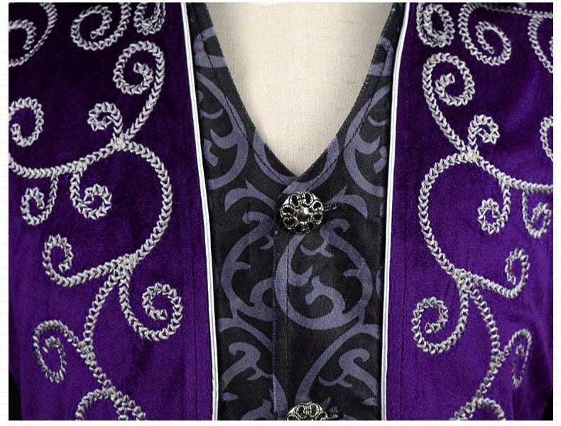 Red Embroidered Men's Long Jacket, Black Mock Two-piece Trench Coat, Purple Collared Vintage Tailcoat.
