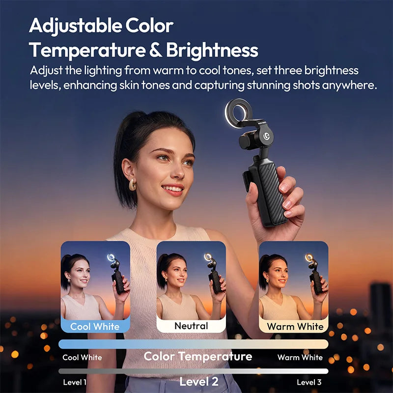 ភ្លើងរង្វង់ម៉ាញេទិក Ulanzi LM004 សម្រាប់ភ្លើងវីដេអូខ្នាតតូច DJI Pocket 4 ជាមួយនឹងកម្រិតពន្លឺ 3 កម្រិតអាចលៃតម្រូវបានសម្រាប់ការផ្សាយផ្ទាល់ Vlog
