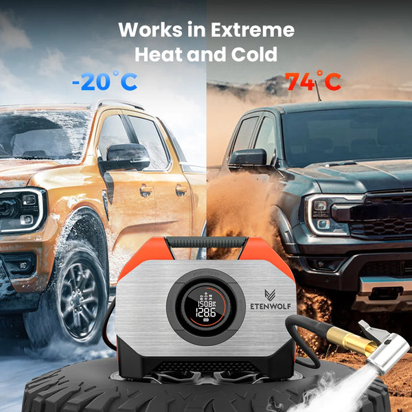 ម៉ាស៊ីនបង្ហាប់ខ្យល់ចល័ត ETENWOLF VORTEX S6 វដ្តការងារ 100% និងស៊ីឡាំងពីរ 19200 mAh ម៉ាស៊ីនបូមខ្យល់កង់