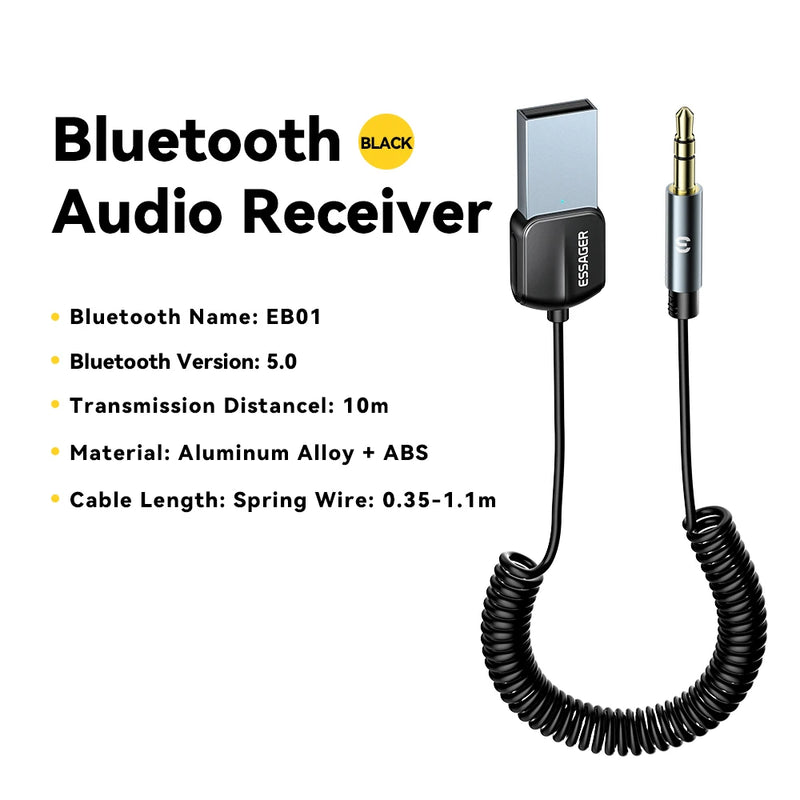ឧបករណ៍ភ្ជាប់ USB Bluetooth របស់ Essager សម្រាប់ភ្ជាប់ឧបករណ៍បំពងសម្លេងឥតខ្សែប្រភេទ USB ទៅ Jack ទំហំ 3.5mm សម្រាប់ឧបករណ៍បញ្ជូនសំឡេង និងឧបករណ៍ទទួលសំឡេងរថយន្ត។