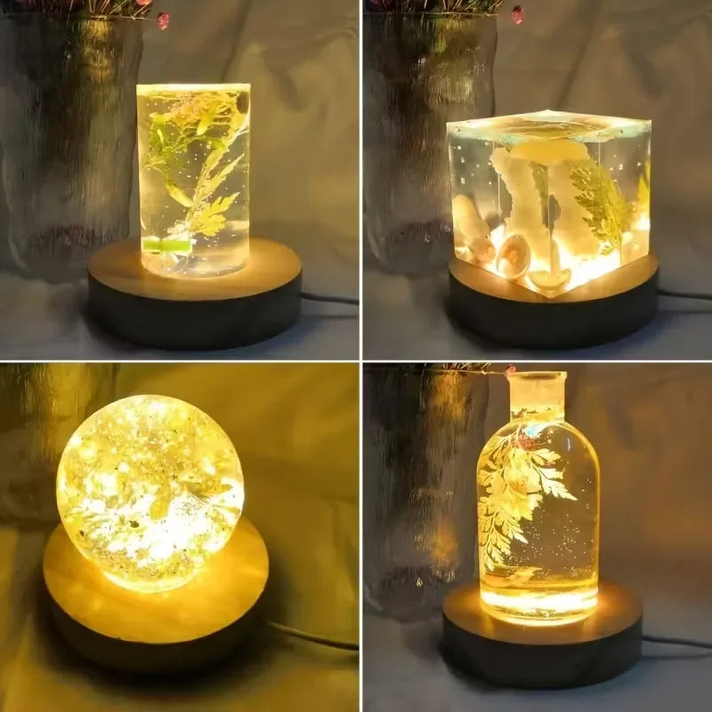 8cm Wooden LED Light with USB Plug in Display Base Round Wooden Stand Battery Powered 3D Resin Art Crystal Glass Holder