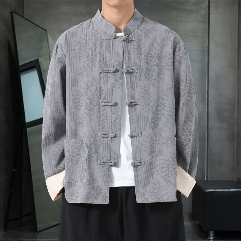 Retro-style Men's Black Long-sleeve Jacket with Chinese Dragon Motif, Single-breasted Stand-up Collar Coat.pink,Red,Apricot Top.