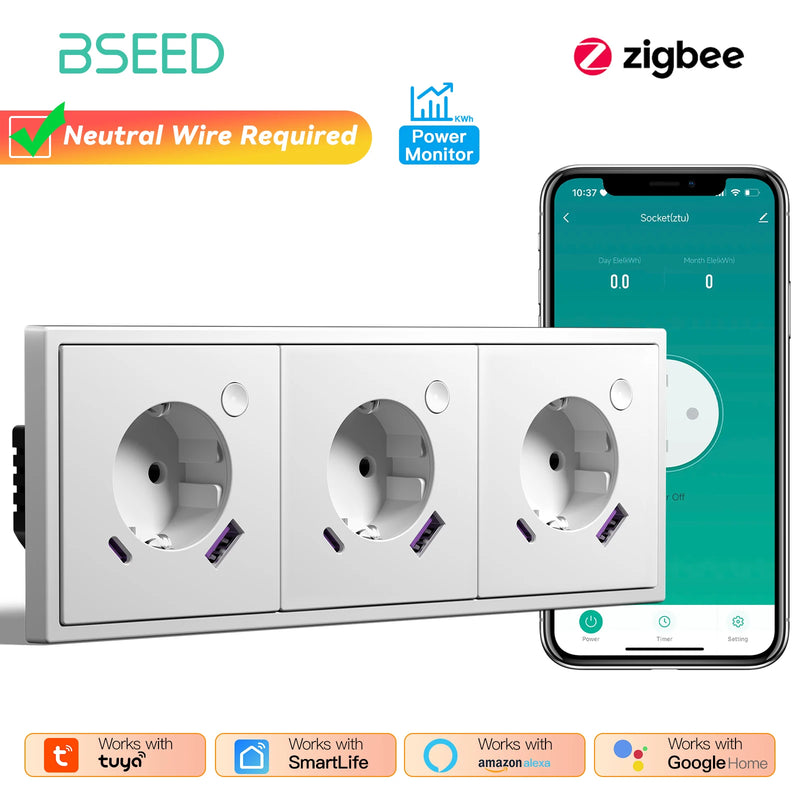 BSEED E Series Zigbee Socket Smart Power Monitor Socket 20W Fast Charge USB Type-C Port Tuya Smart Life Control Plastic Frame