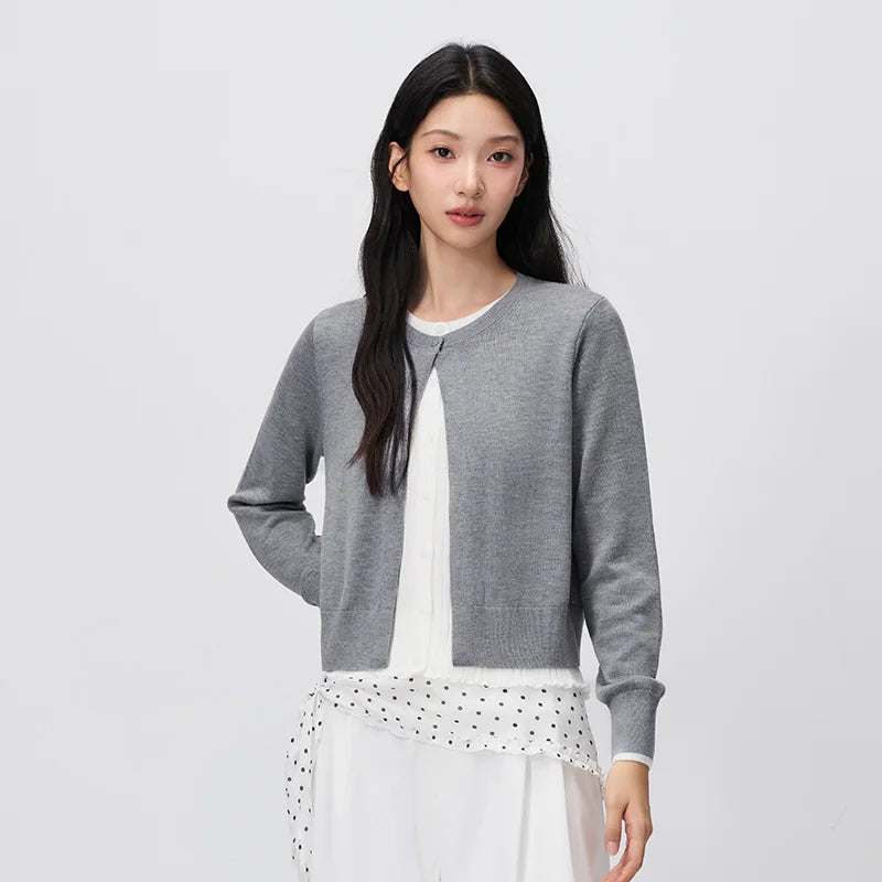 Semir Women Cardigan Short Contrast Patchwork Faux Two Piece Ruffle Trim Soft Casual Autumn Knitwear Daily Wear 2026