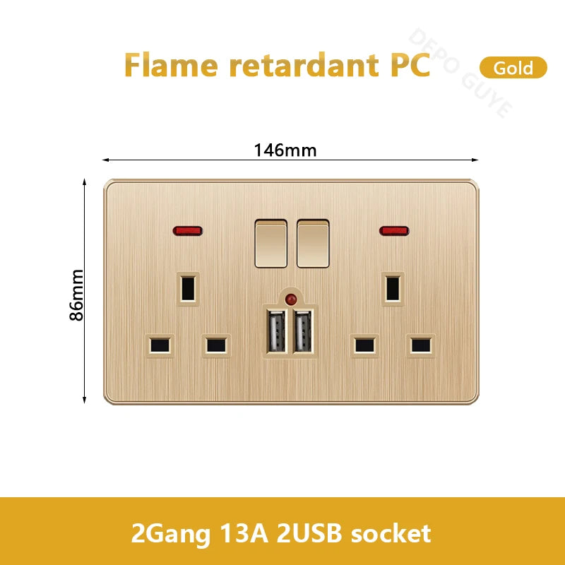 Gold Universal 3/5Pin Plastic Power Socket,UK Wall Outlet With 2.1A Dual USB Port,220V Electrical 2way Switch TV Computer CAT6