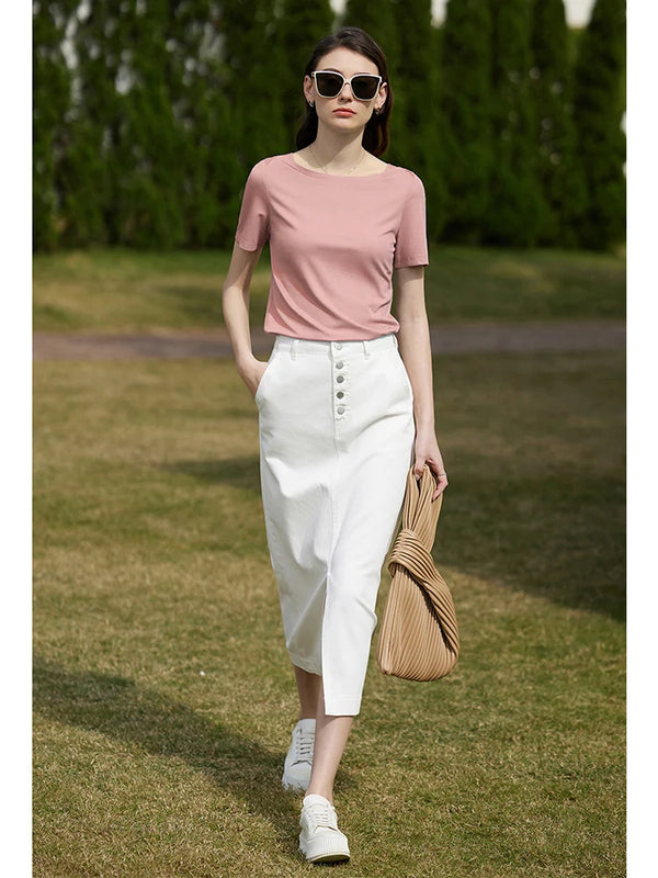 Amii Minimalism 2026 Women T-shirt Summer New Simple One-line Collar Cotton Short-sleeve Female Solid Color Casual Tops 12422177