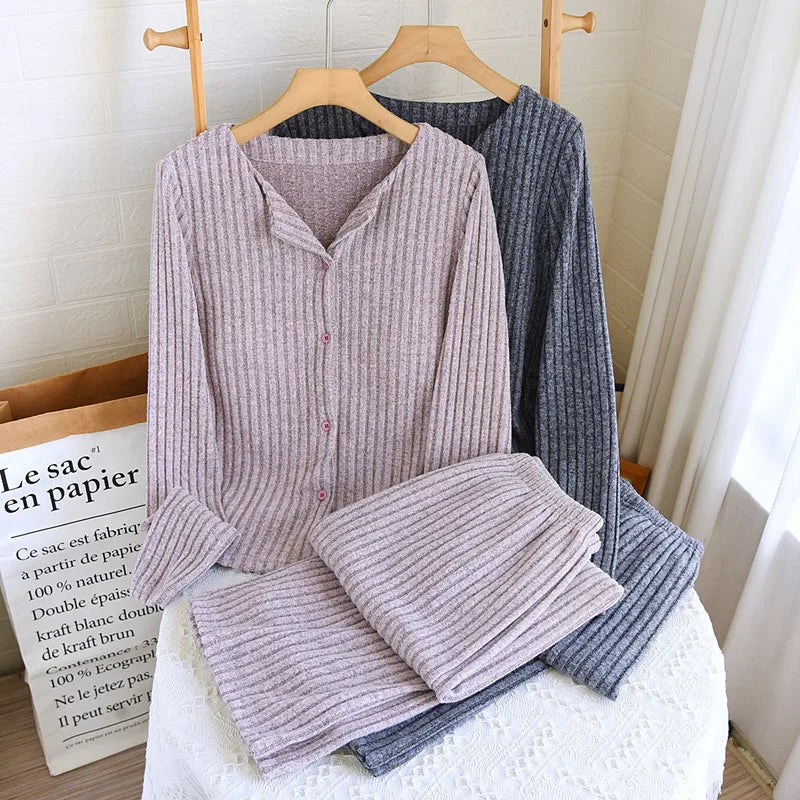 Breast Pad Long Sleeve Tops Pant Pajama Set Korean Plush Autumn Winter Home Suit Casual Slim Long Sleeve Sleepwear Pijama Women