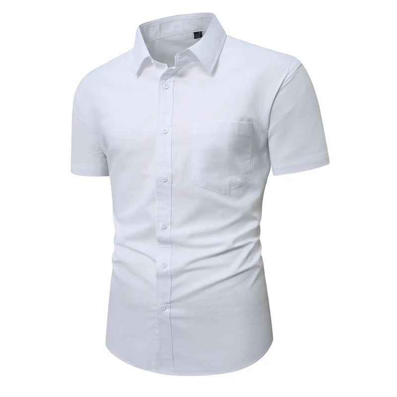 2026 New Men's Short-sleeved Shirt,Single-breasted Square Collar Bamboo Cotton Shirts, Very Time Office Leisure,White Black Blue