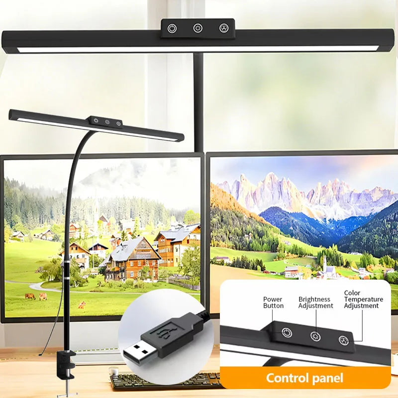 LED Desk Lamp Clamp Eye-Caring Clip on Lights for Home Office Long Flexible Goose-Neck Arm Architect Task Table Lamps with USB