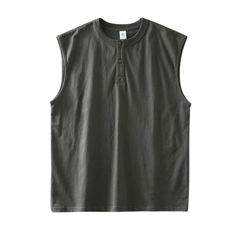 DUKEEN 100% Cotton Henley Collar Vest Men's Clothing Sleeveless Tops Oversized T-Shirt Solid Color Gym T-Shirt Man 11.3Oz