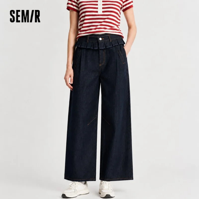 Semir Women Jeans Pleated 2026 Ruffle Trim Loose Fit Wide Leg Urban Casual Everyday Style Soft Comfortable Daily Wear
