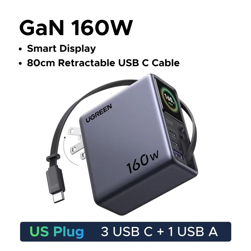UGREEN 160W Smart Display GaN Charger With Retractable Cable AVS PD 3.1 QC4.0 EU Foldable For MacBook Pro Laptop iPhone Samsung