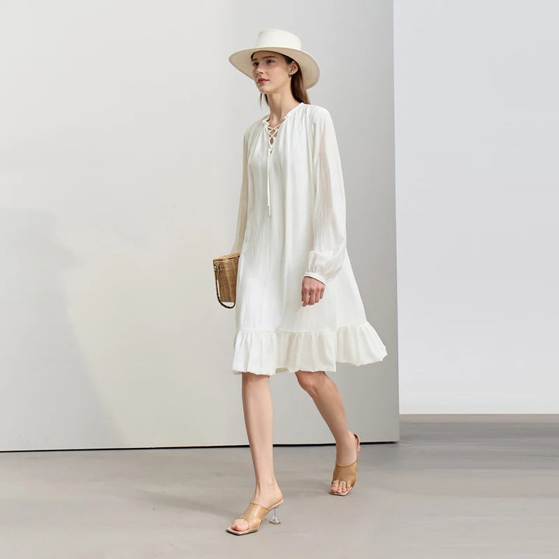 Amii Midi Dresses 2026 Autumn New Solid Color Vacation Style V-neck Lace-up Long Sleeve Loose Pleated Female Dresses 12641046