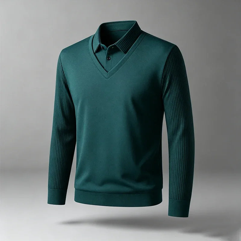 Men Fake Two Piece Long Sleeve Top V Neck Ribbed Sleeve Shirt Collar For Business Office Daily Commute Casual Outfits