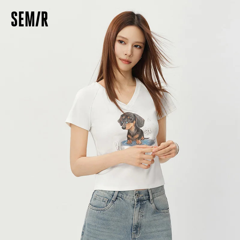 Semir Womens Tshirt 2026 Short Raglan Sleeve Slim V Neck Dog Cute Fashion Casual Daily Wear
