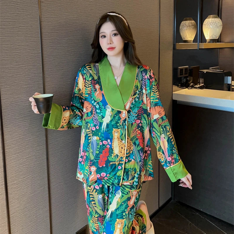 Print  Animal Flower V-neck Luxury Pajamas Set for Women Spring Autumn New Casual Home Suit Nightwear All-match Soft Pajamas