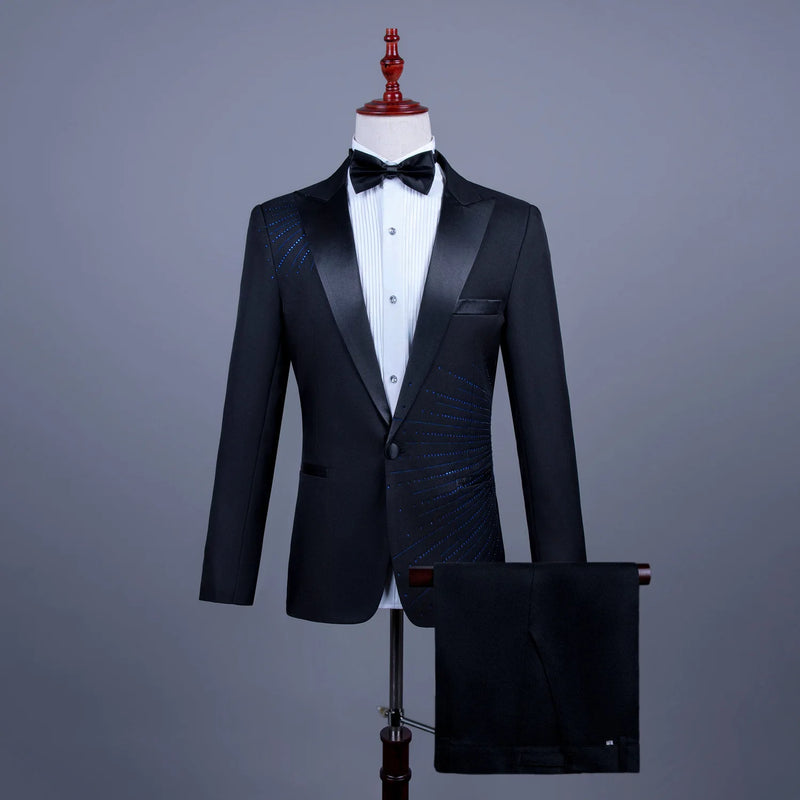 Men's Black Tuxedo Set with Diamond Embellished Jacket and Matching Trousers in White for Choirs/Stage Performances/Weddings