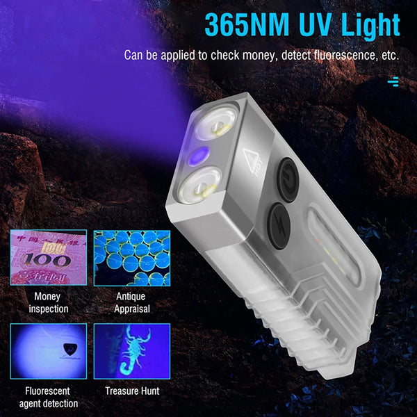ភ្លើងពិល EDC V3/V10 ភ្លើងសោរប្រភេទ C អាចសាកបាន ភ្លើងពិលតូចភ្លឺខ្លាំង ជាមួយមេដែក UV សម្រាប់បោះតង់ ចង្កៀងហោប៉ៅ