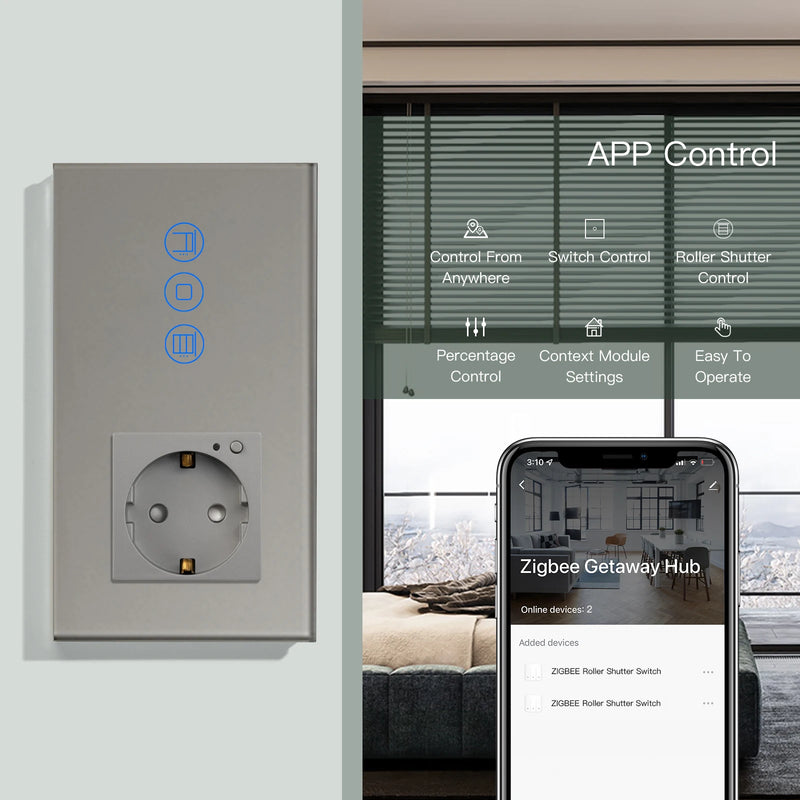 BSEED Tuya Zigbee Shutter Touch Switch For Electric Motor Roller Shutter Plus Zigbee Smart Socket Google Home Alexa App Control