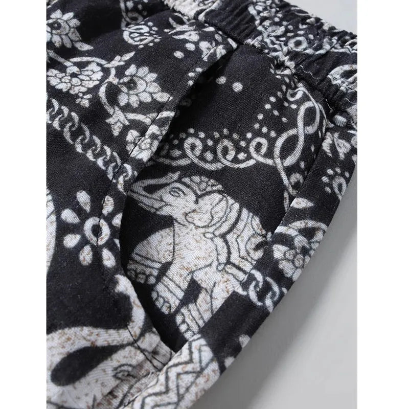 Men Black Drawstring Trousers White Print Cotton Casual Pants Perfect for Spring Summer Season Comfortable Loose Fit Sweatpants